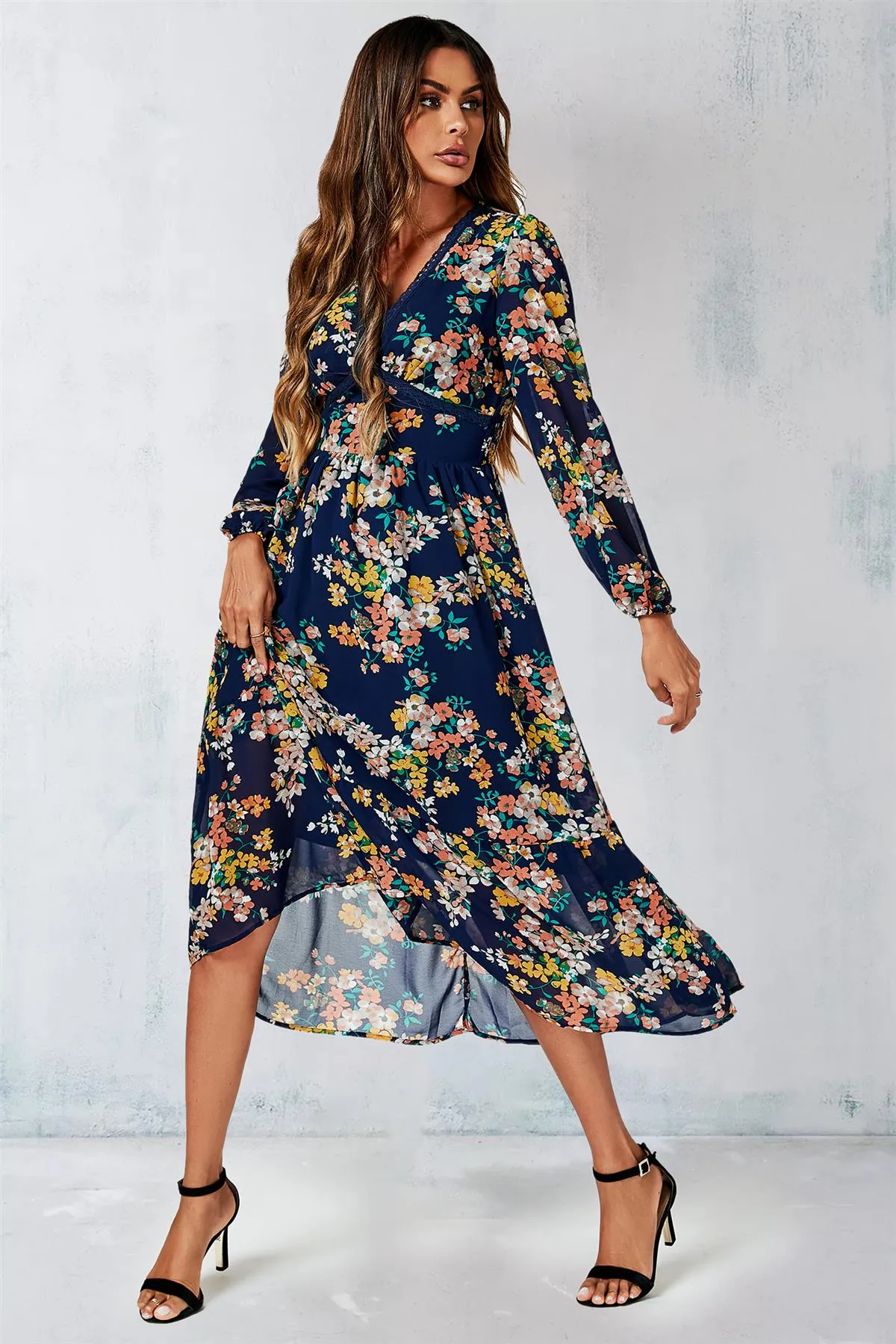 FS Collection Floral Print Long Sleeve Maxi Dress In Navy