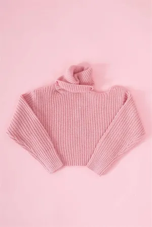 Girls Blush Pink Ribbed Knit Cut-Out Shoulder Detail Long Balloon-Y Sleeve Turtleneck Sweater /1-2-2-1-1