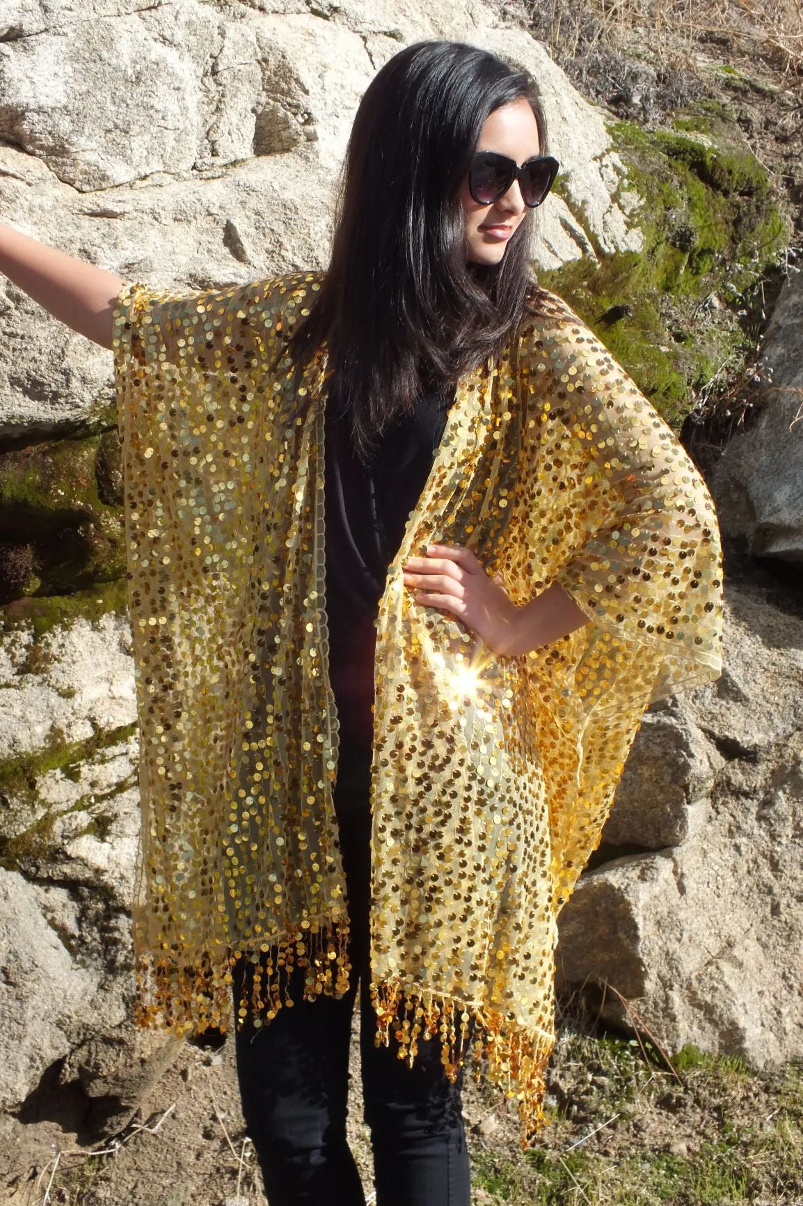 Gold Round Sequin Kimono Duster Top One Size
