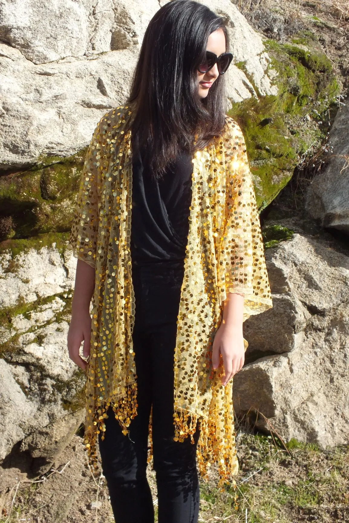 Gold Round Sequin Kimono Duster Top One Size