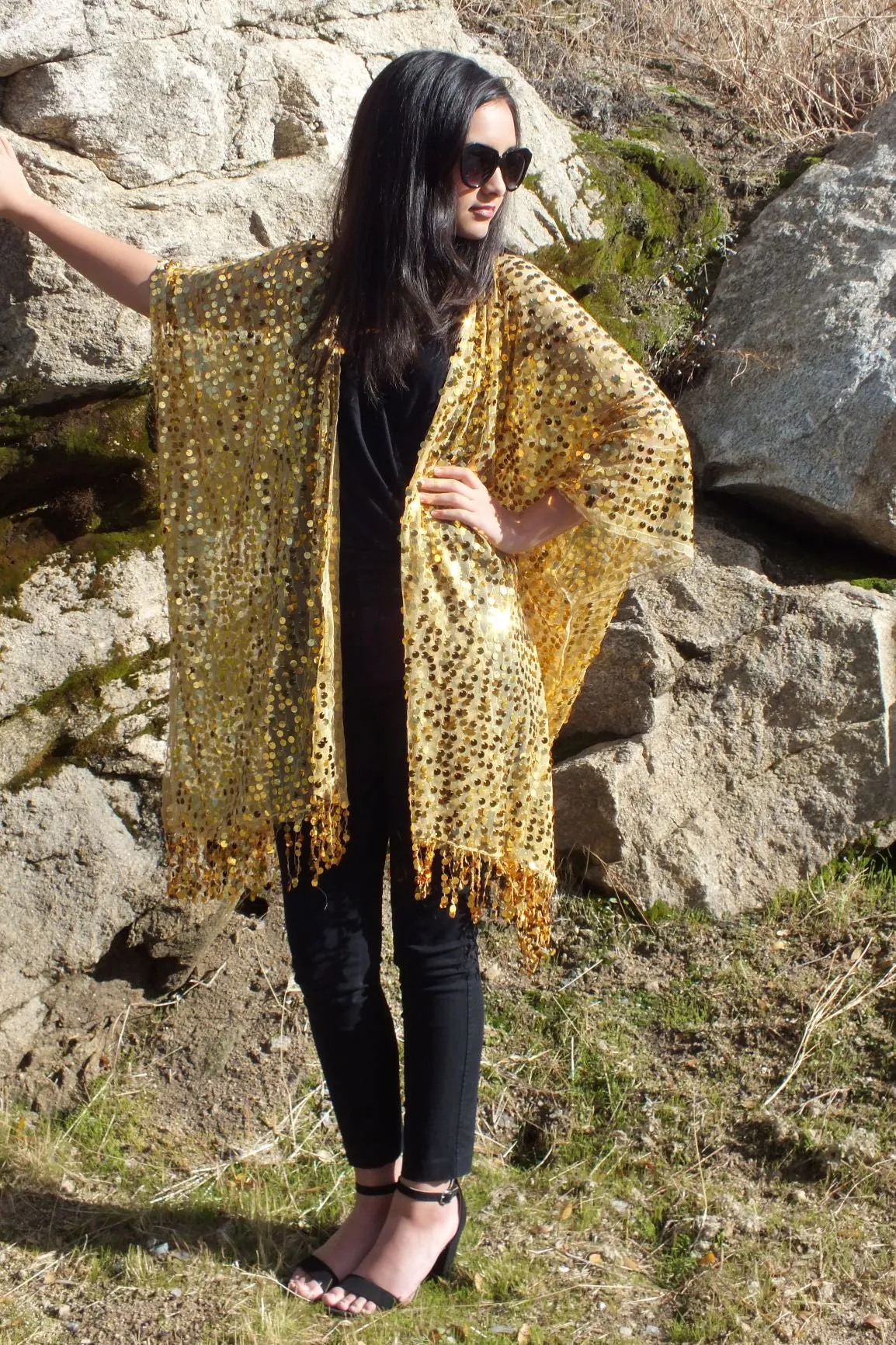 Gold Round Sequin Kimono Duster Top One Size