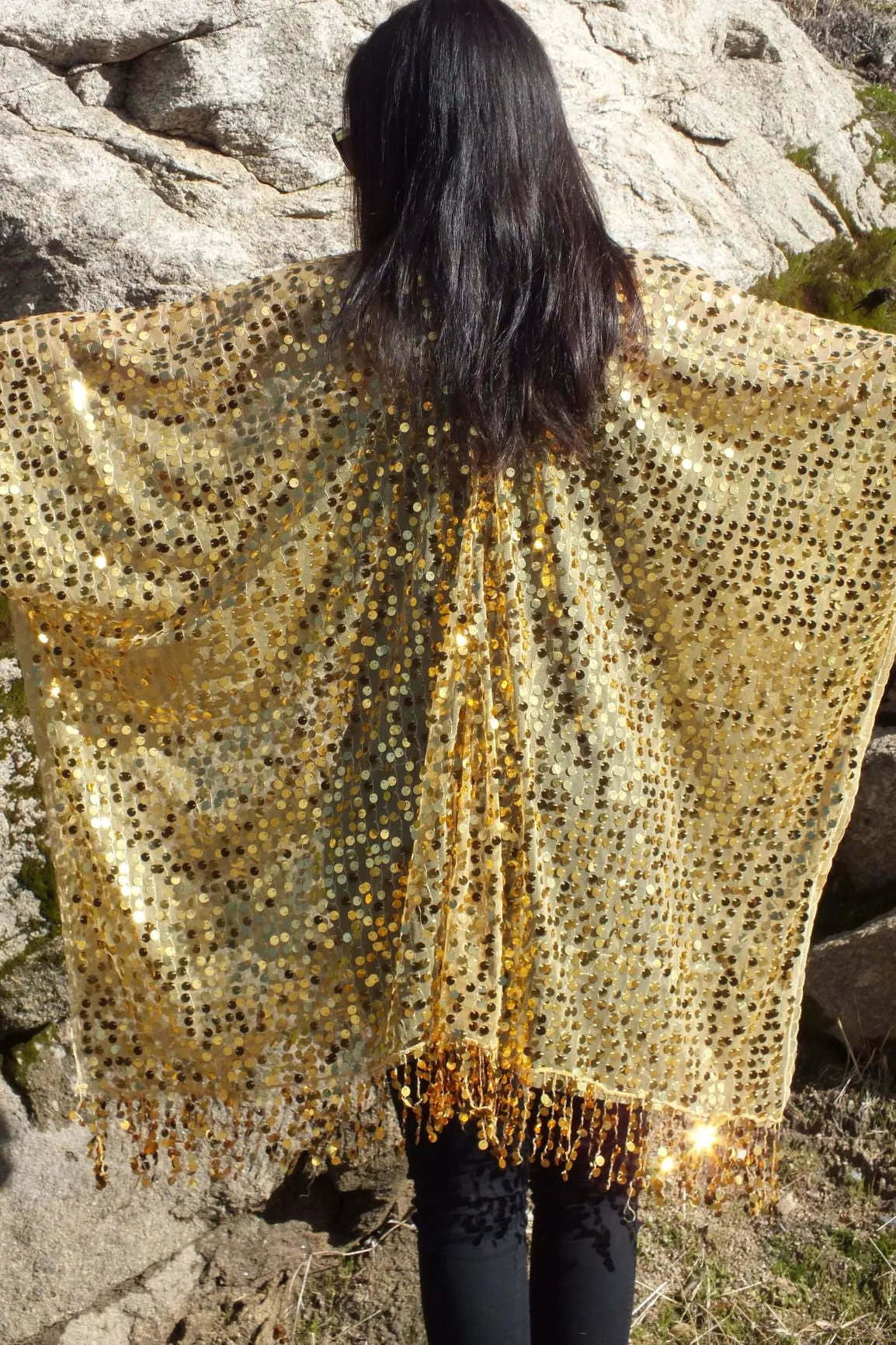 Gold Round Sequin Kimono Duster Top One Size