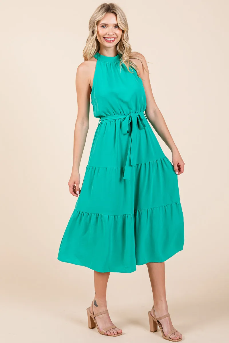 Halter Neck Belted Tiered Ruffle Midi Dress