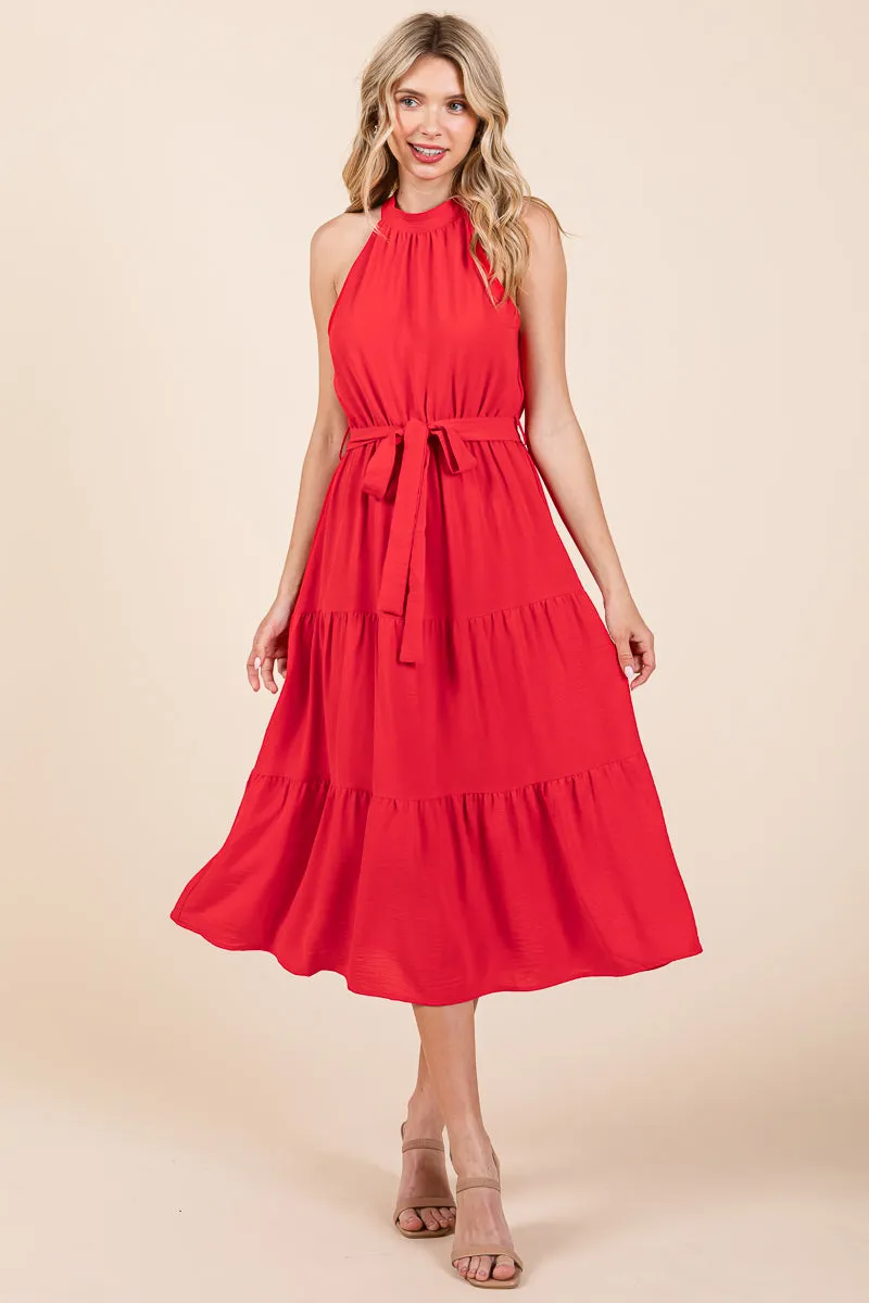 Halter Neck Belted Tiered Ruffle Midi Dress