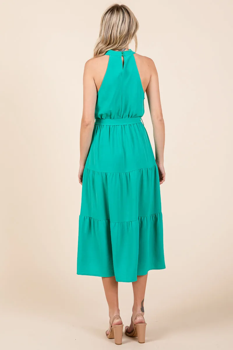 Halter Neck Belted Tiered Ruffle Midi Dress