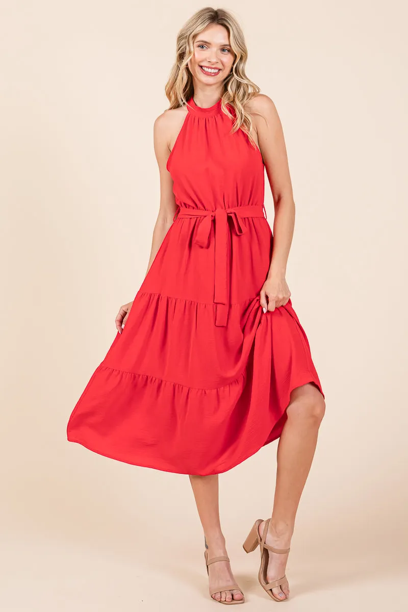 Halter Neck Belted Tiered Ruffle Midi Dress