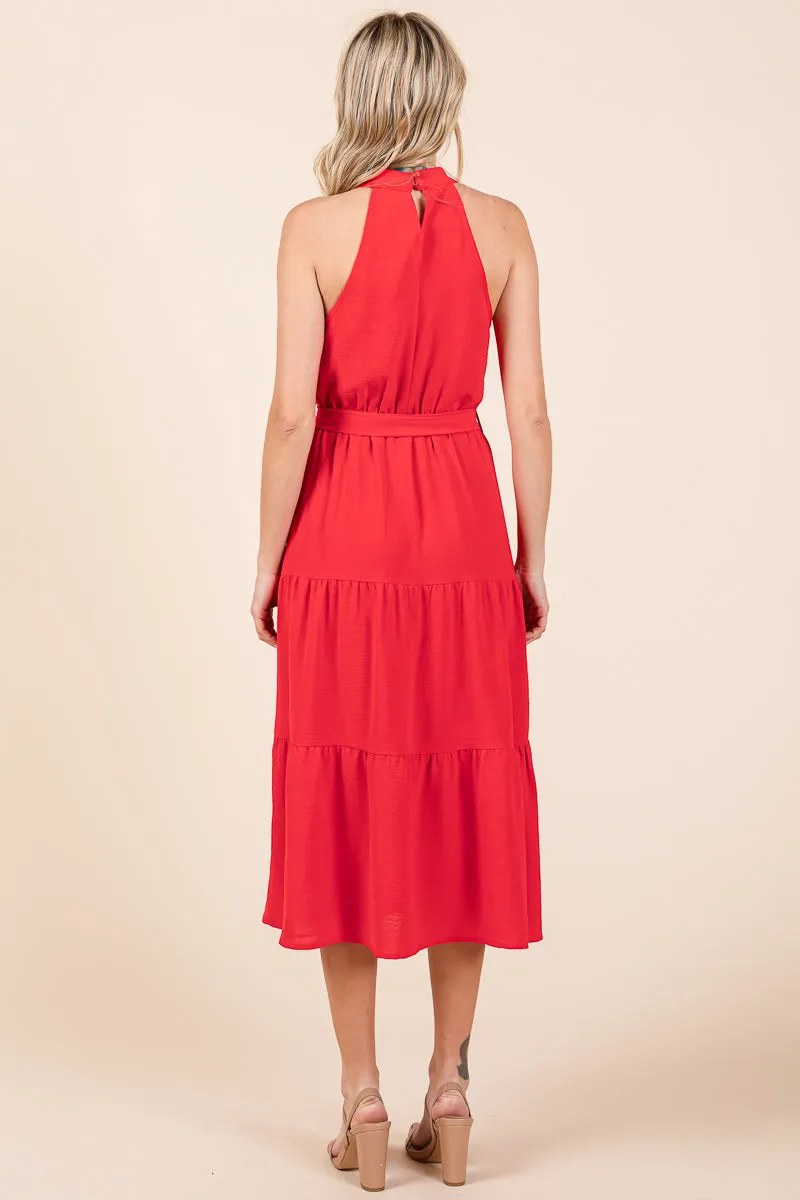 Halter Neck Belted Tiered Ruffle Midi Dress