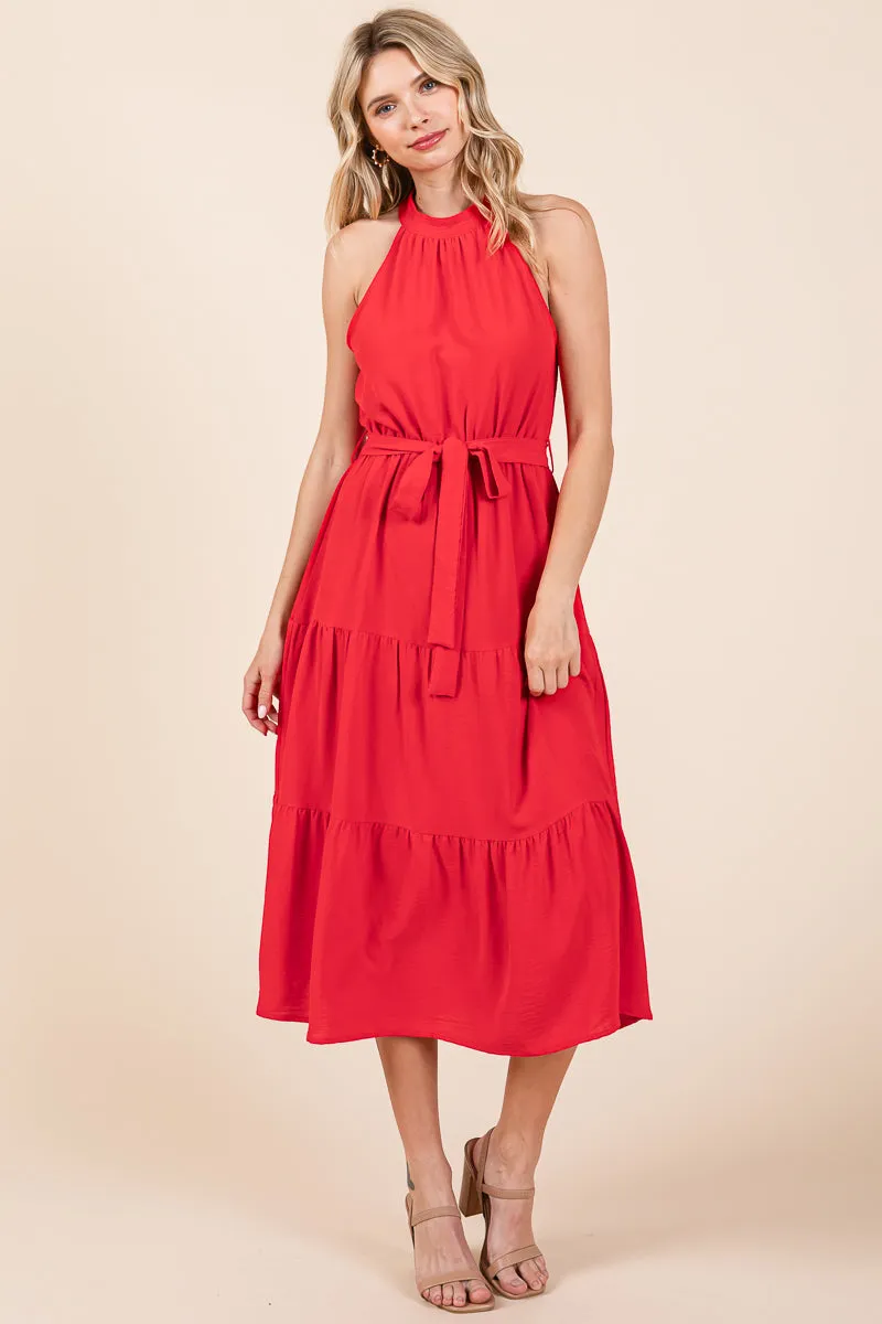 Halter Neck Belted Tiered Ruffle Midi Dress