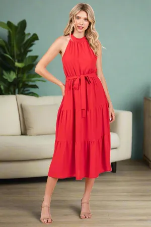 Halter Neck Belted Tiered Ruffle Midi Dress