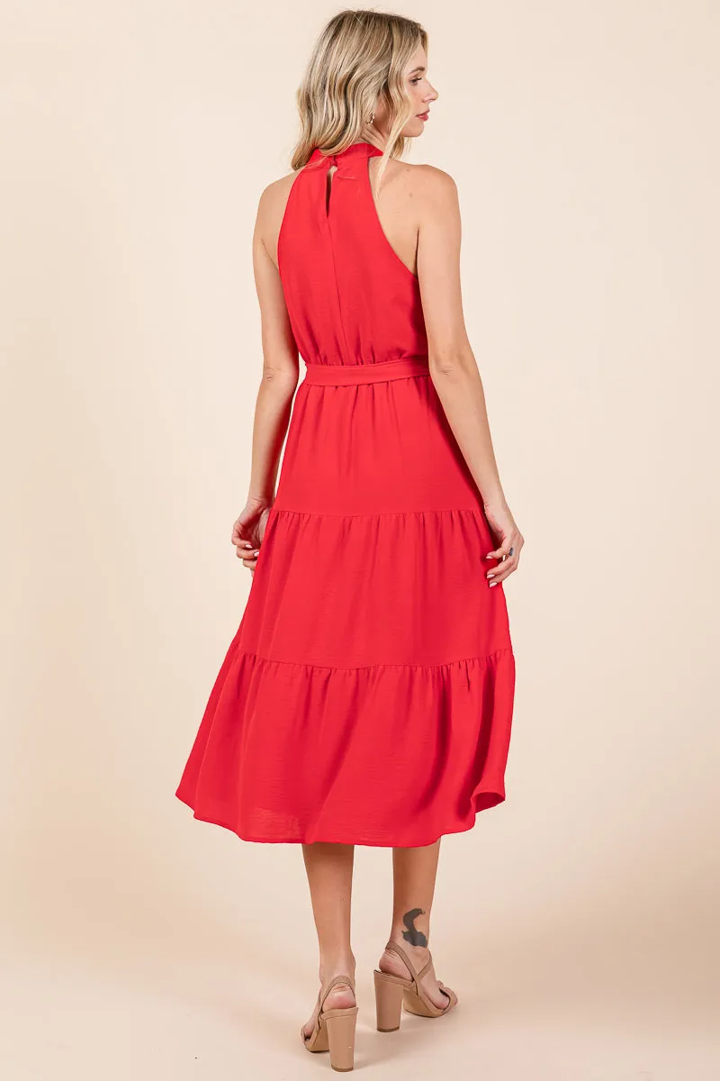 Halter Neck Belted Tiered Ruffle Midi Dress