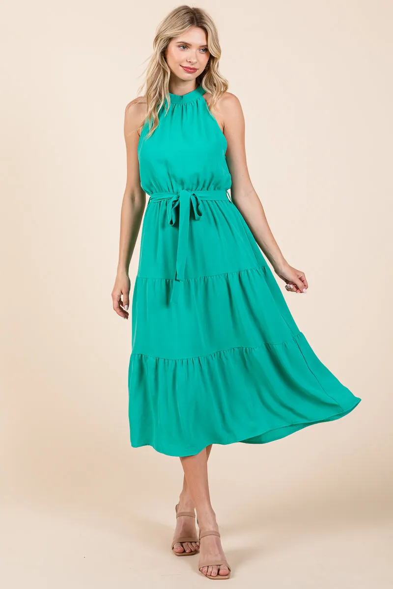 Halter Neck Belted Tiered Ruffle Midi Dress