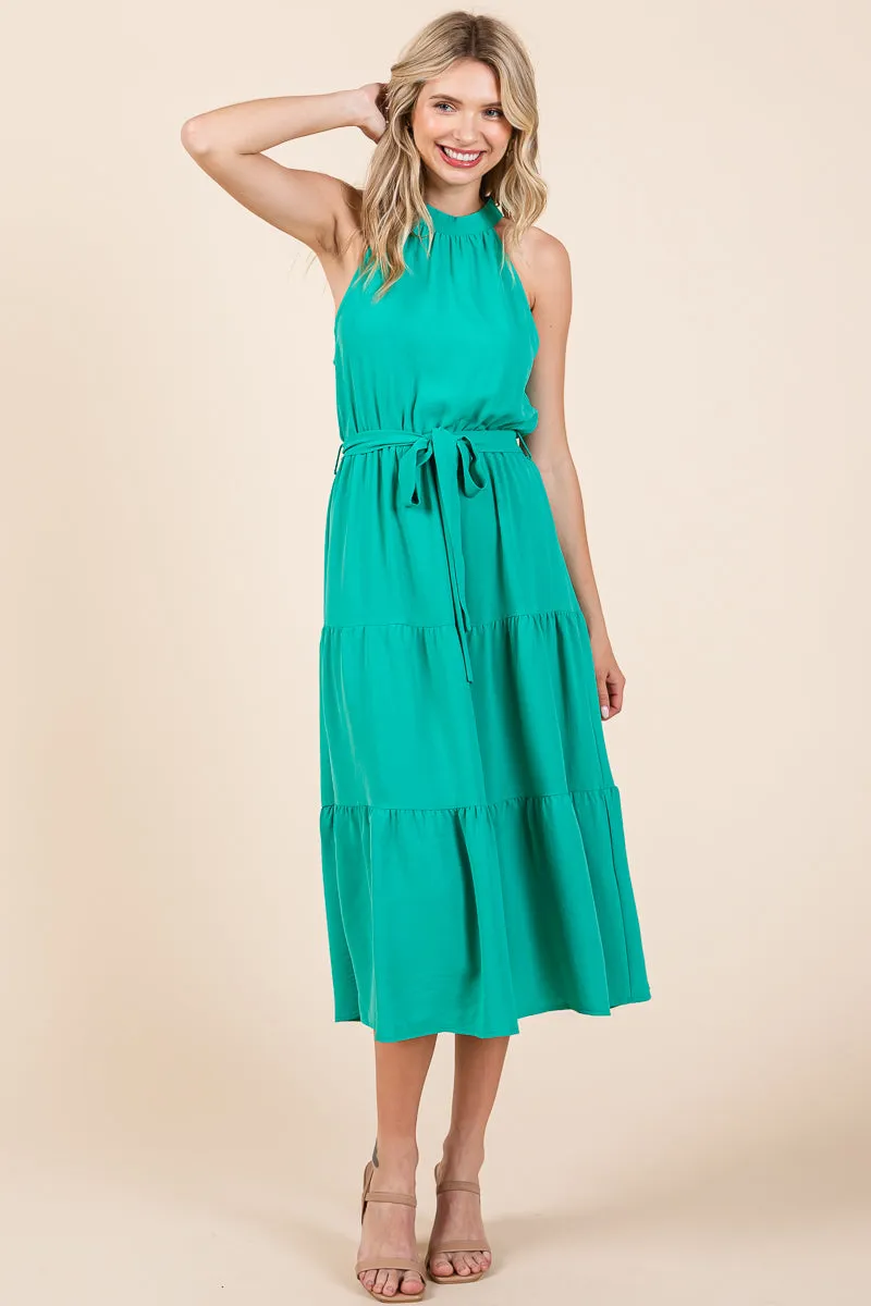 Halter Neck Belted Tiered Ruffle Midi Dress