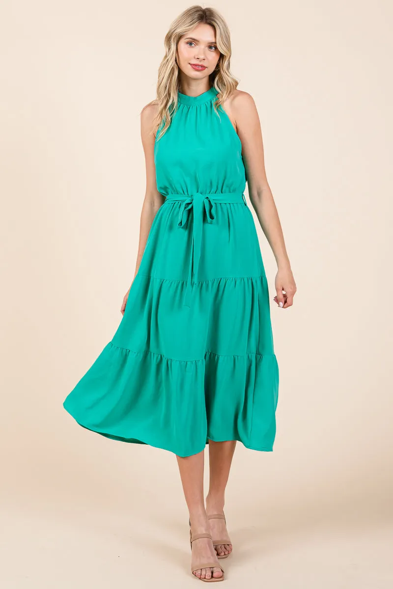 Halter Neck Belted Tiered Ruffle Midi Dress