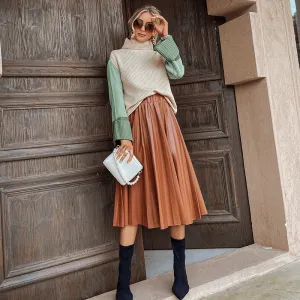 High Waist A-Line Pleated Faux Leather Skirt