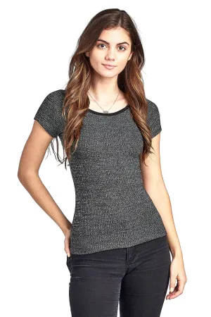 Khanomak Plain Short Sleeve Ribbed Round Neck Ringer Contrast Semi Cropped Top