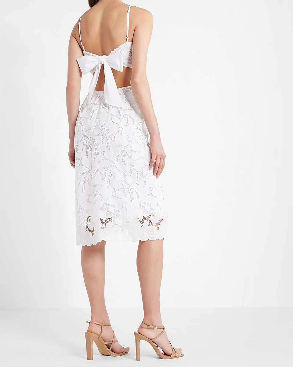 Lace Tie Back Side Cutout Midi Dress in White