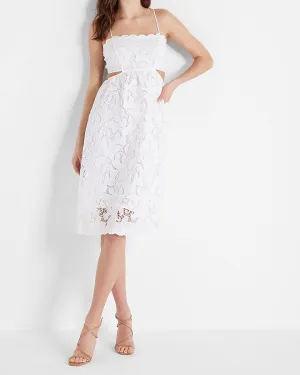 Lace Tie Back Side Cutout Midi Dress in White