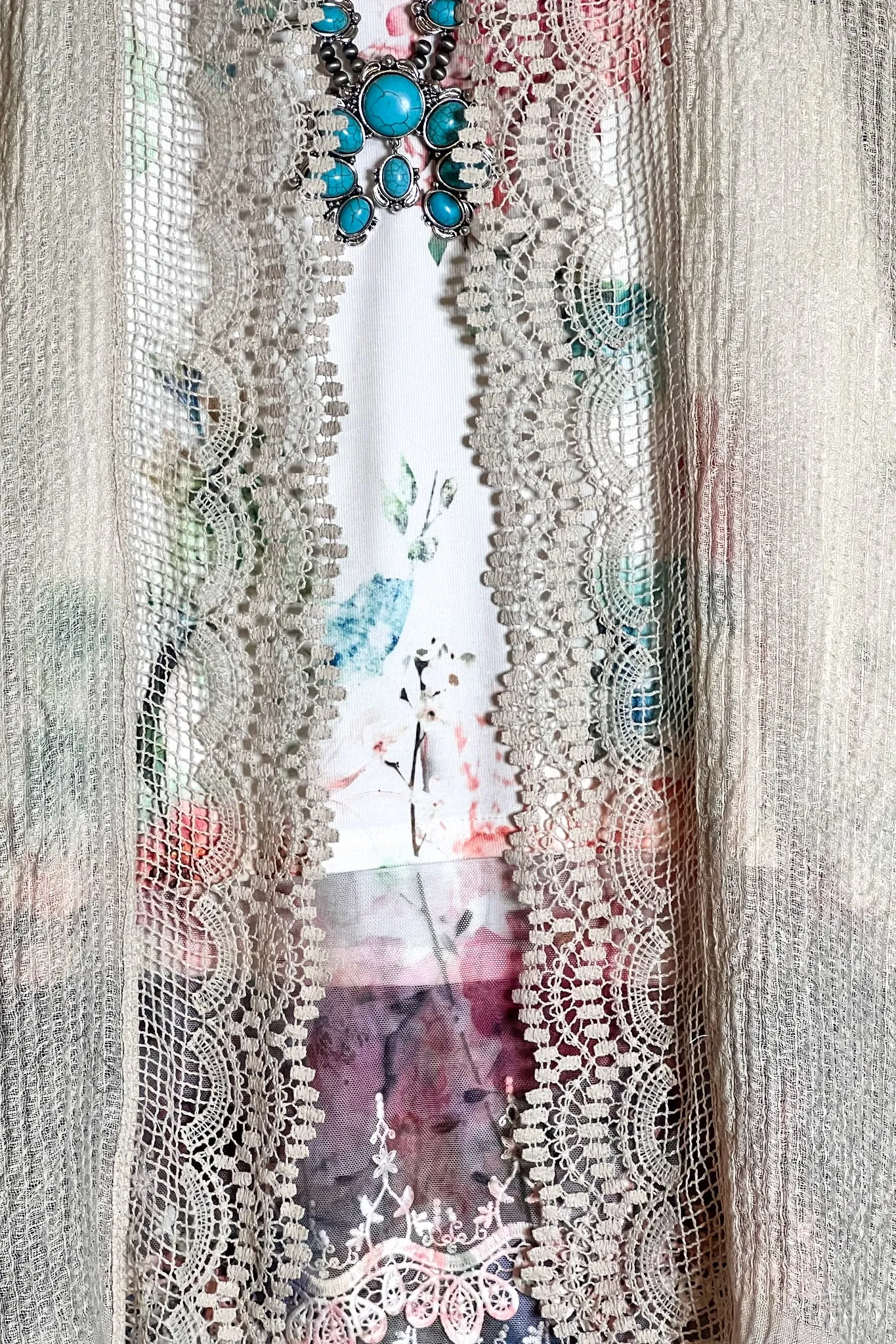 MATTERS OF THE HEART LACE CARDIGAN KIMONO IN VINTAGE IVORY