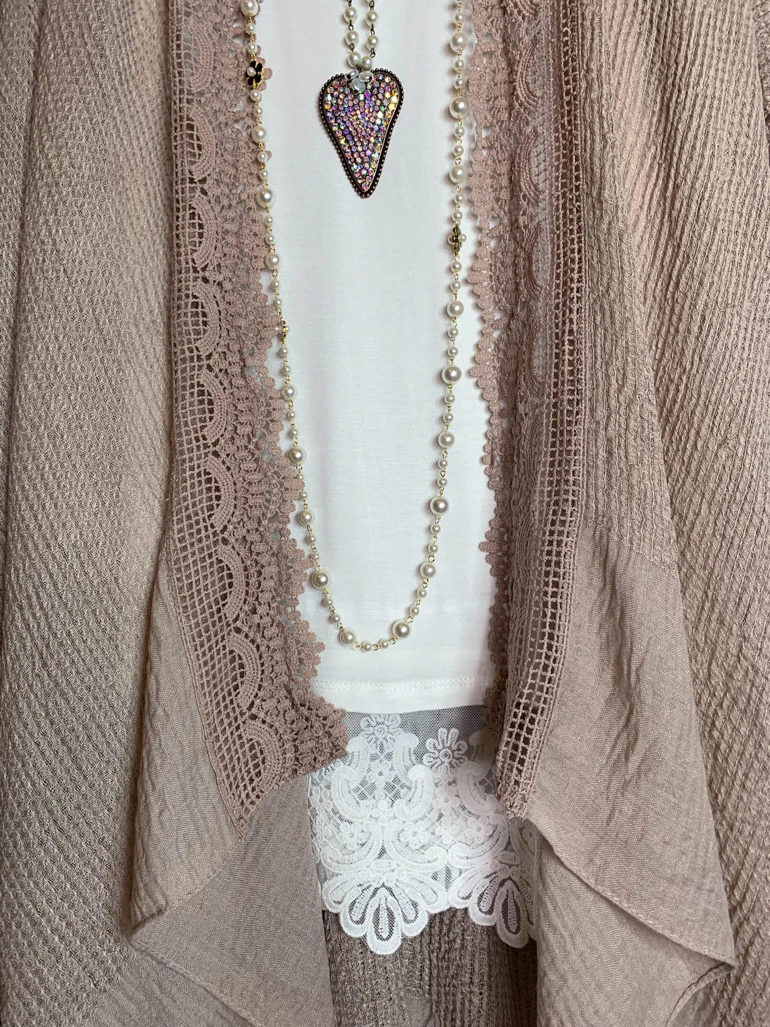 MATTERS OF THE HEART LACE CARDIGAN KIMONO LIGHT MOCHA