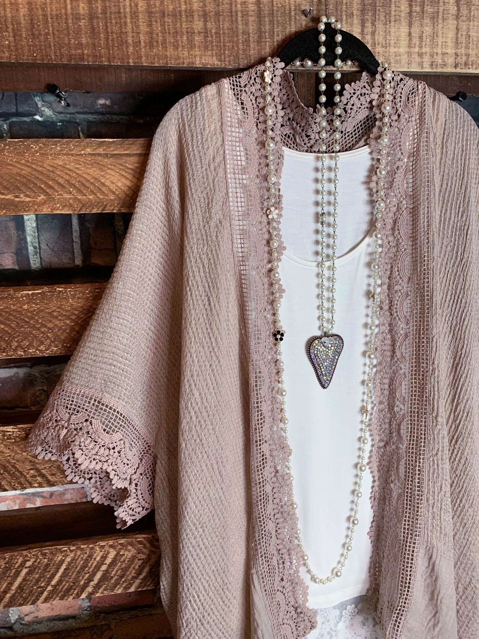 MATTERS OF THE HEART LACE CARDIGAN KIMONO LIGHT MOCHA