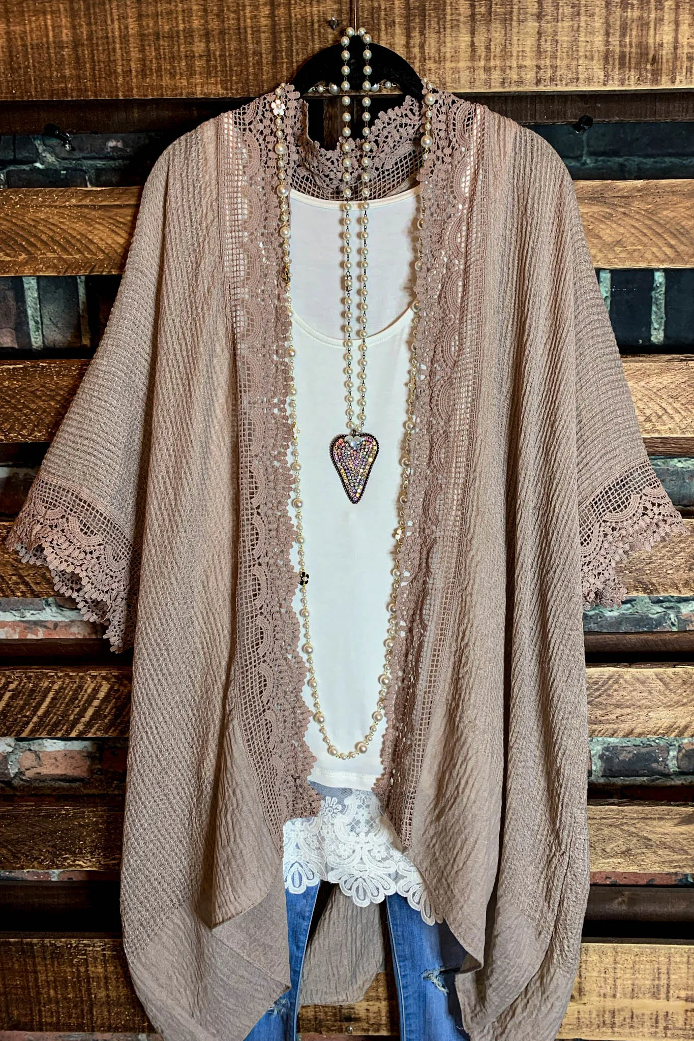 MATTERS OF THE HEART LACE CARDIGAN KIMONO LIGHT MOCHA