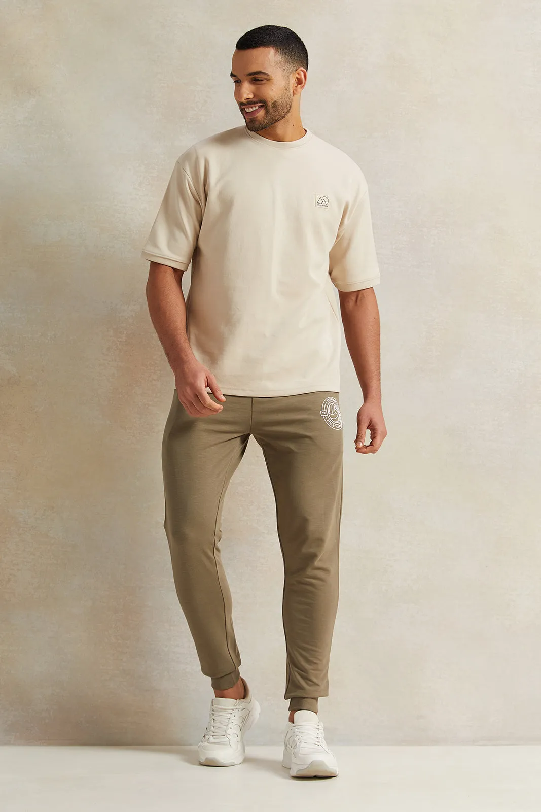 Men Beige Pleated Interlock Lounge T-Shirt