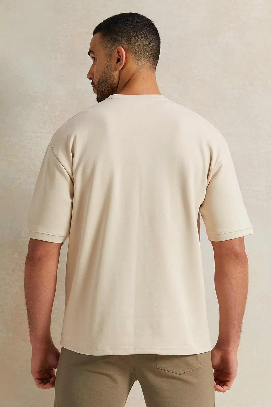 Men Beige Pleated Interlock Lounge T-Shirt