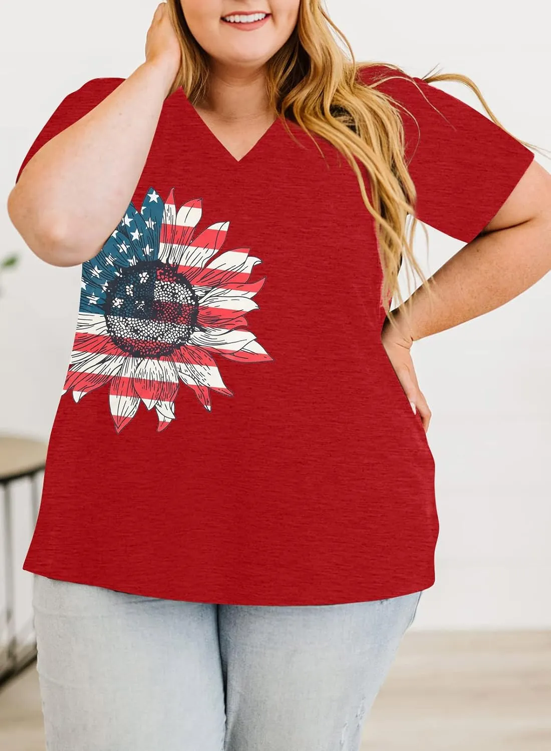 MOUSYA Plus Size Women American Flag Shirt 4th of July Patriotic V Neck T Shirts American Flag Sunflower Graphic Tee Tops