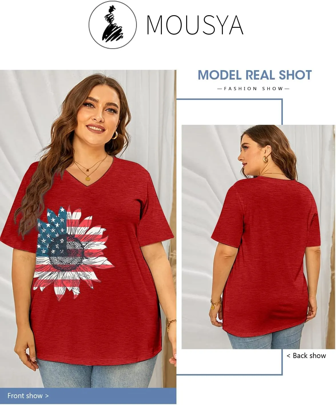MOUSYA Plus Size Women American Flag Shirt 4th of July Patriotic V Neck T Shirts American Flag Sunflower Graphic Tee Tops