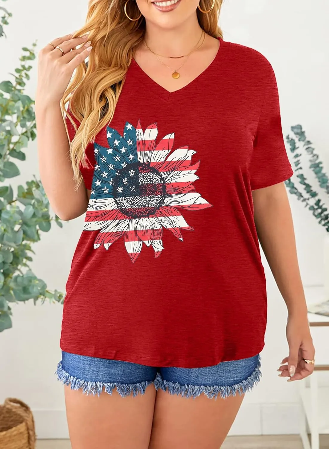 MOUSYA Plus Size Women American Flag Shirt 4th of July Patriotic V Neck T Shirts American Flag Sunflower Graphic Tee Tops