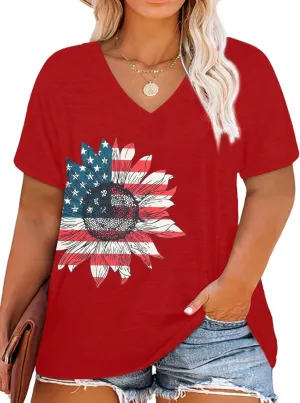 MOUSYA Plus Size Women American Flag Shirt 4th of July Patriotic V Neck T Shirts American Flag Sunflower Graphic Tee Tops
