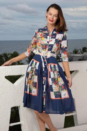 Mrs Maisel Dress - Navy Box Print with Butterflies