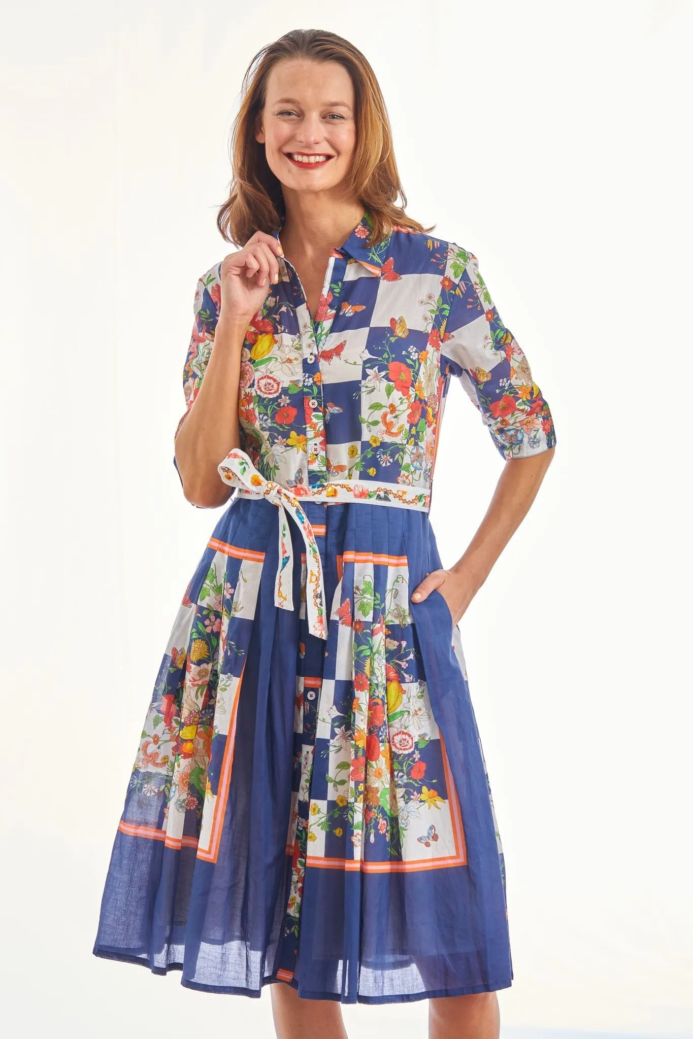 Mrs Maisel Dress - Navy Box Print with Butterflies
