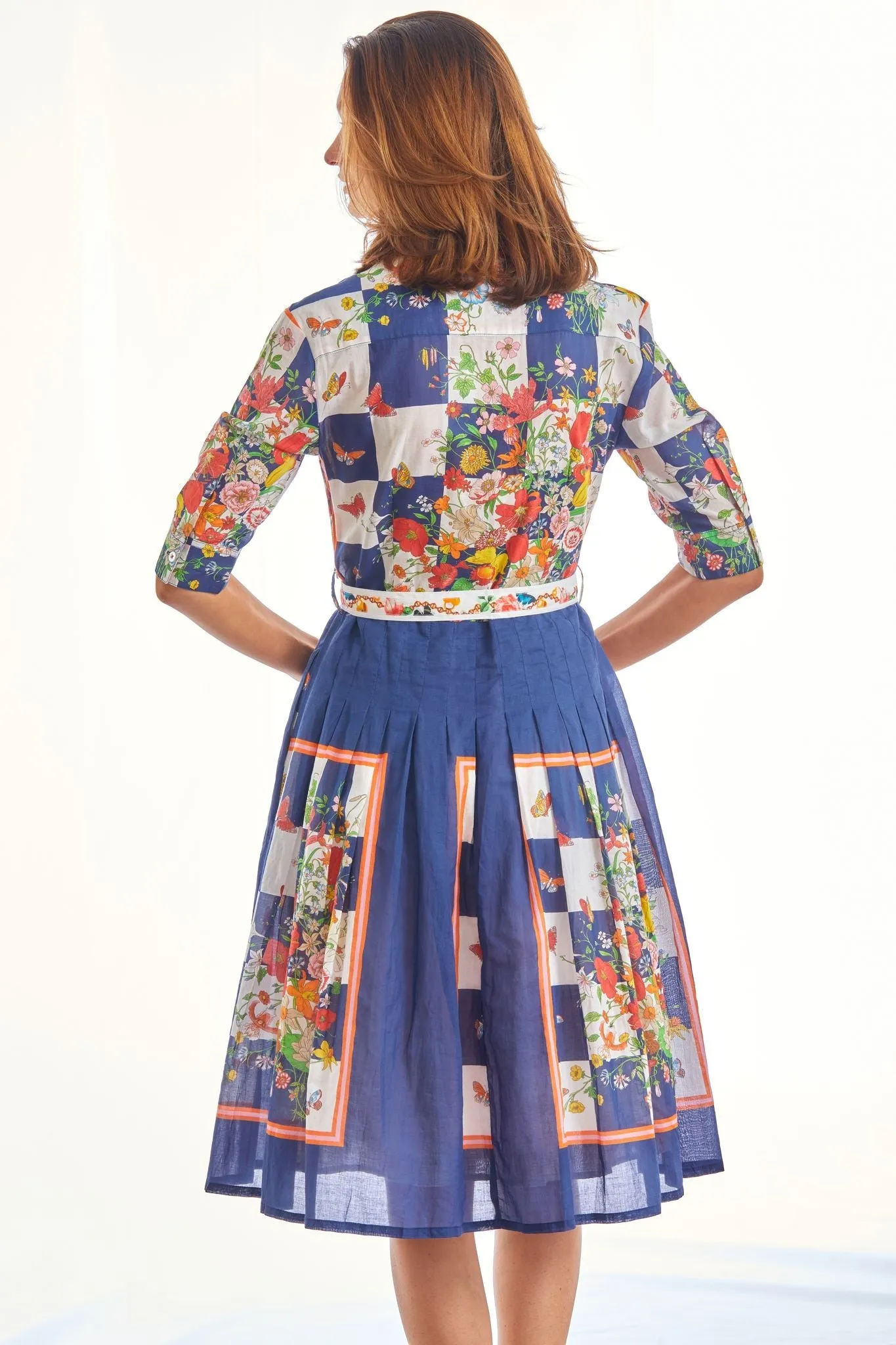 Mrs Maisel Dress - Navy Box Print with Butterflies