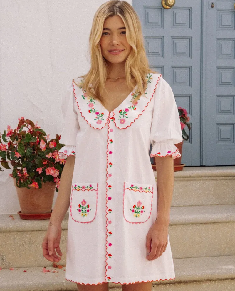 Pink City Prints Ava Folk Embroidery Linen Dress
