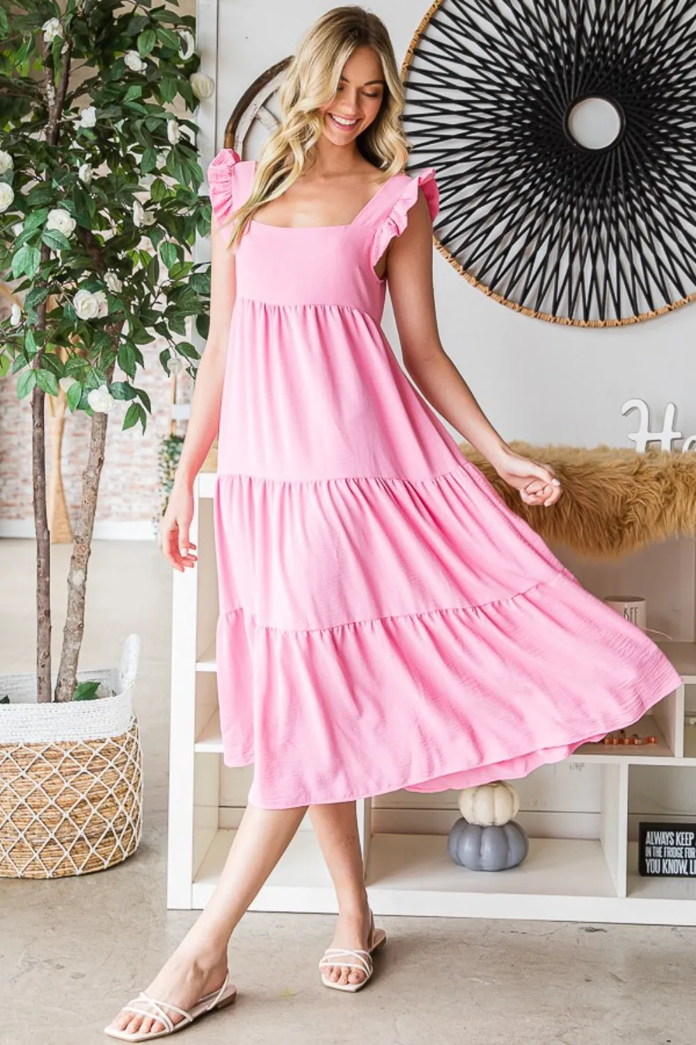 Pink RuffledTiered Midi Dress (Online Only)
