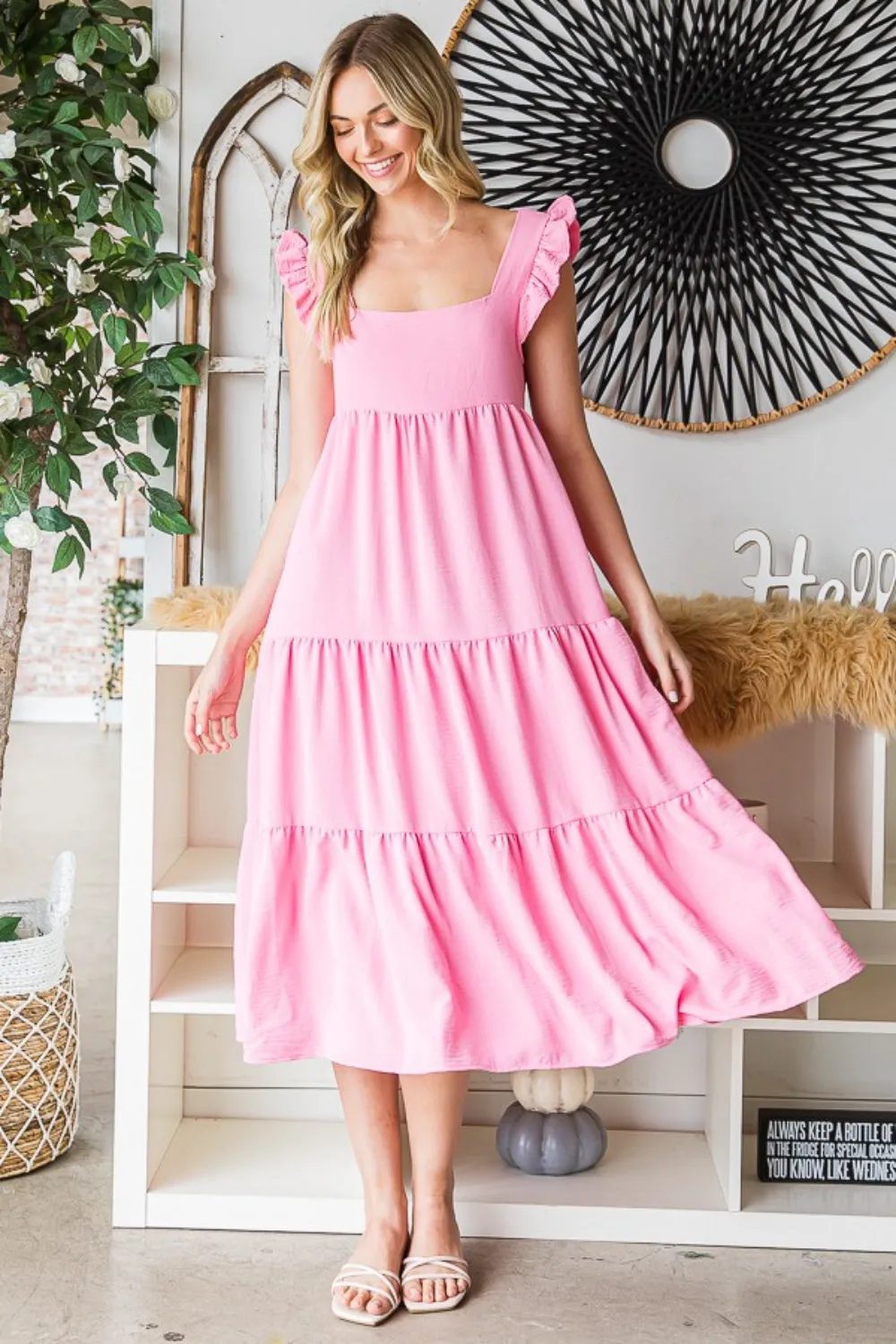 Pink RuffledTiered Midi Dress (Online Only)