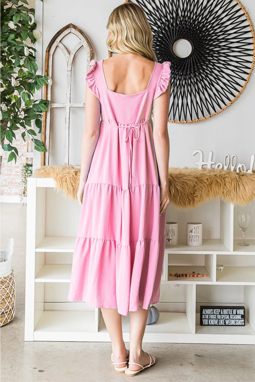 Pink RuffledTiered Midi Dress (Online Only)