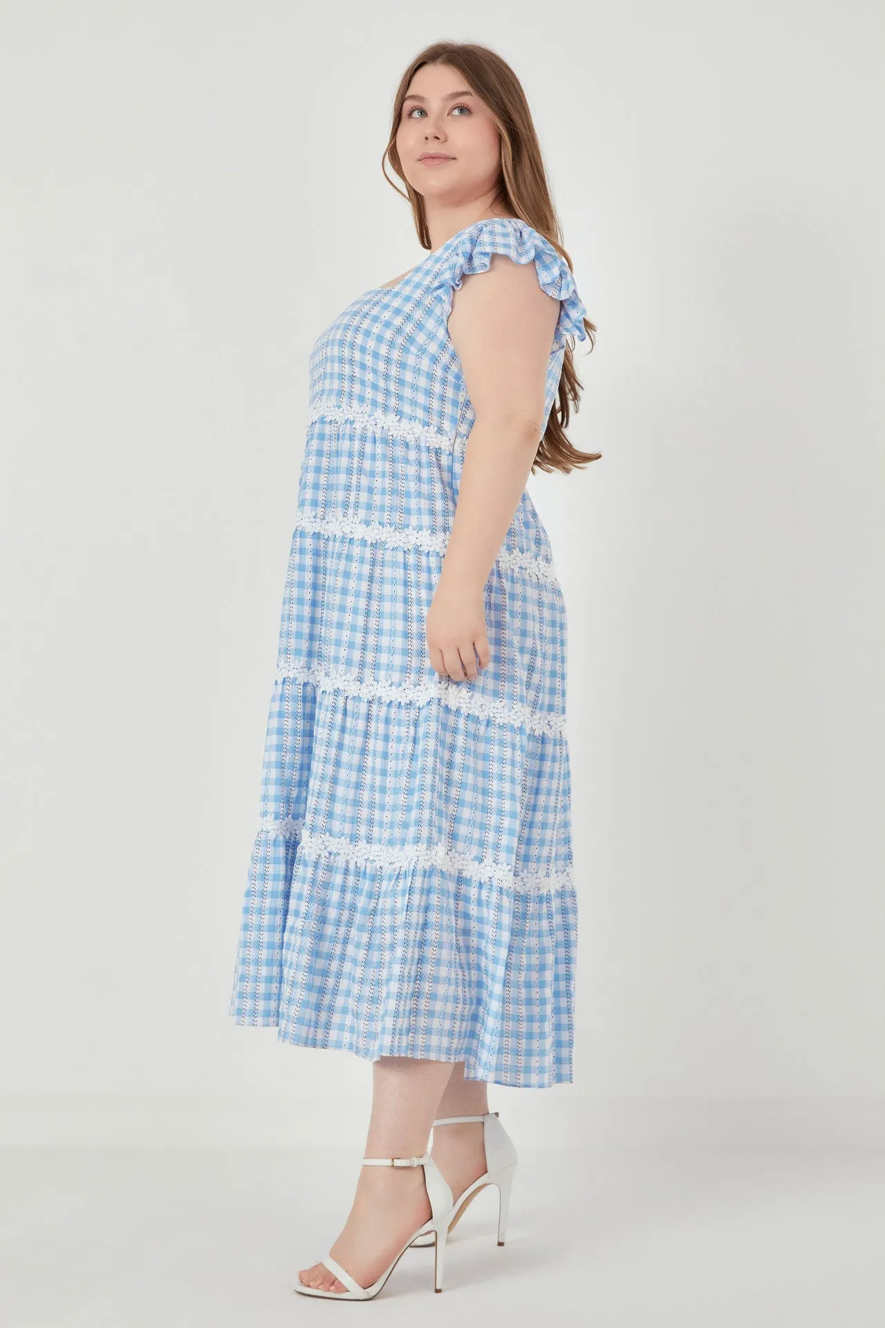 Plus Size Floral Lace Gingham Printed Midi Dress