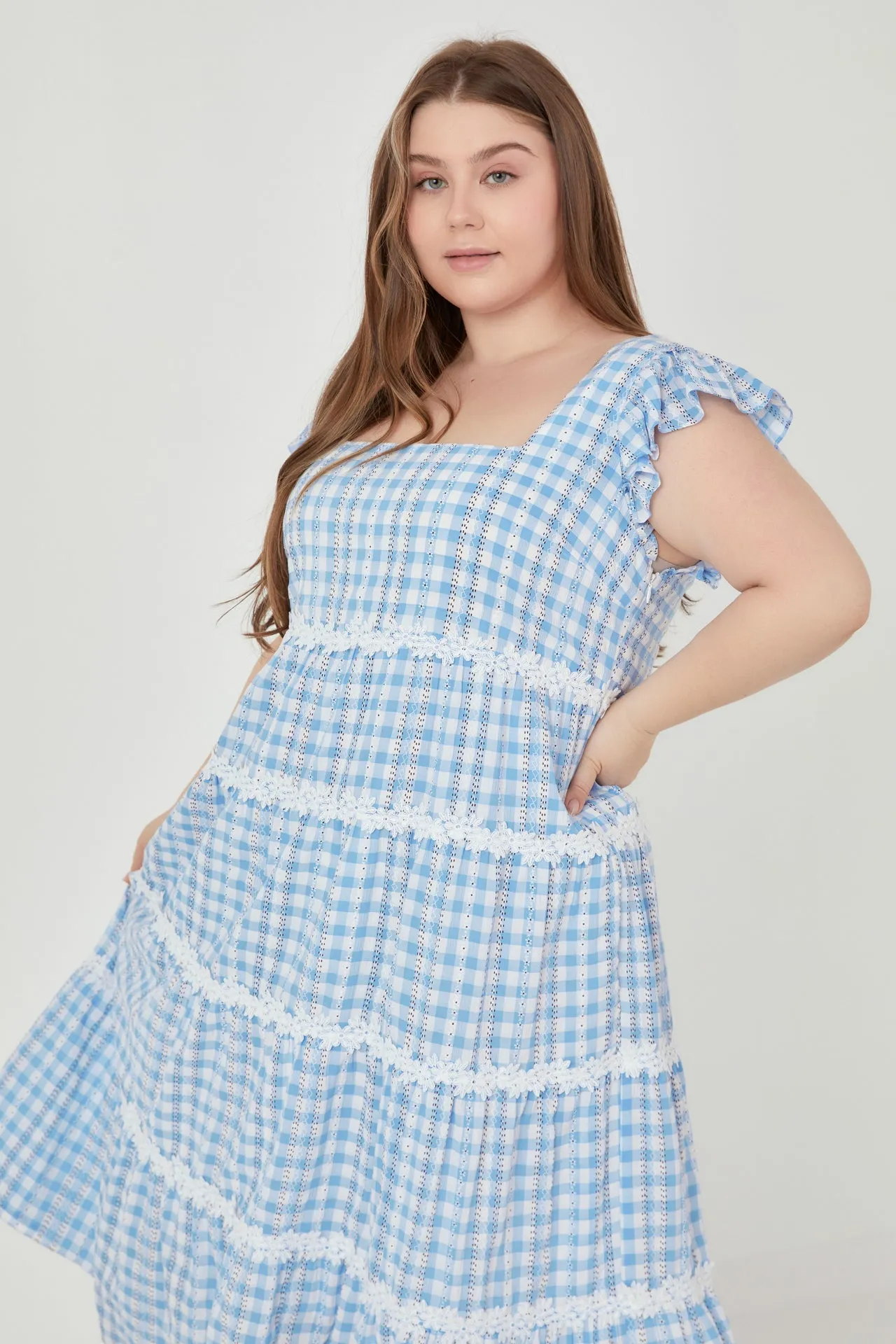 Plus Size Floral Lace Gingham Printed Midi Dress