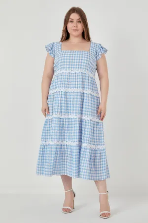 Plus Size Floral Lace Gingham Printed Midi Dress