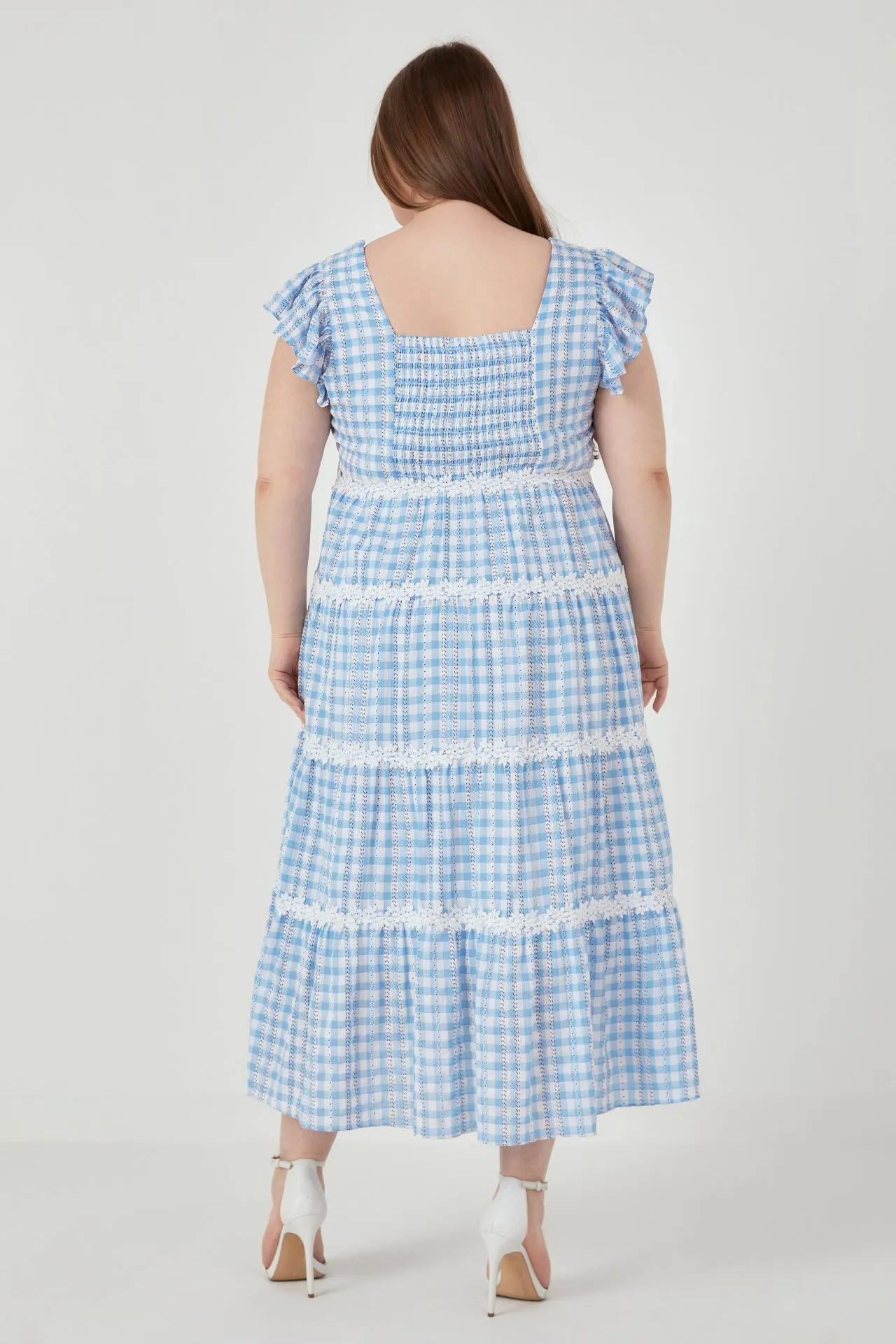 Plus Size Floral Lace Gingham Printed Midi Dress