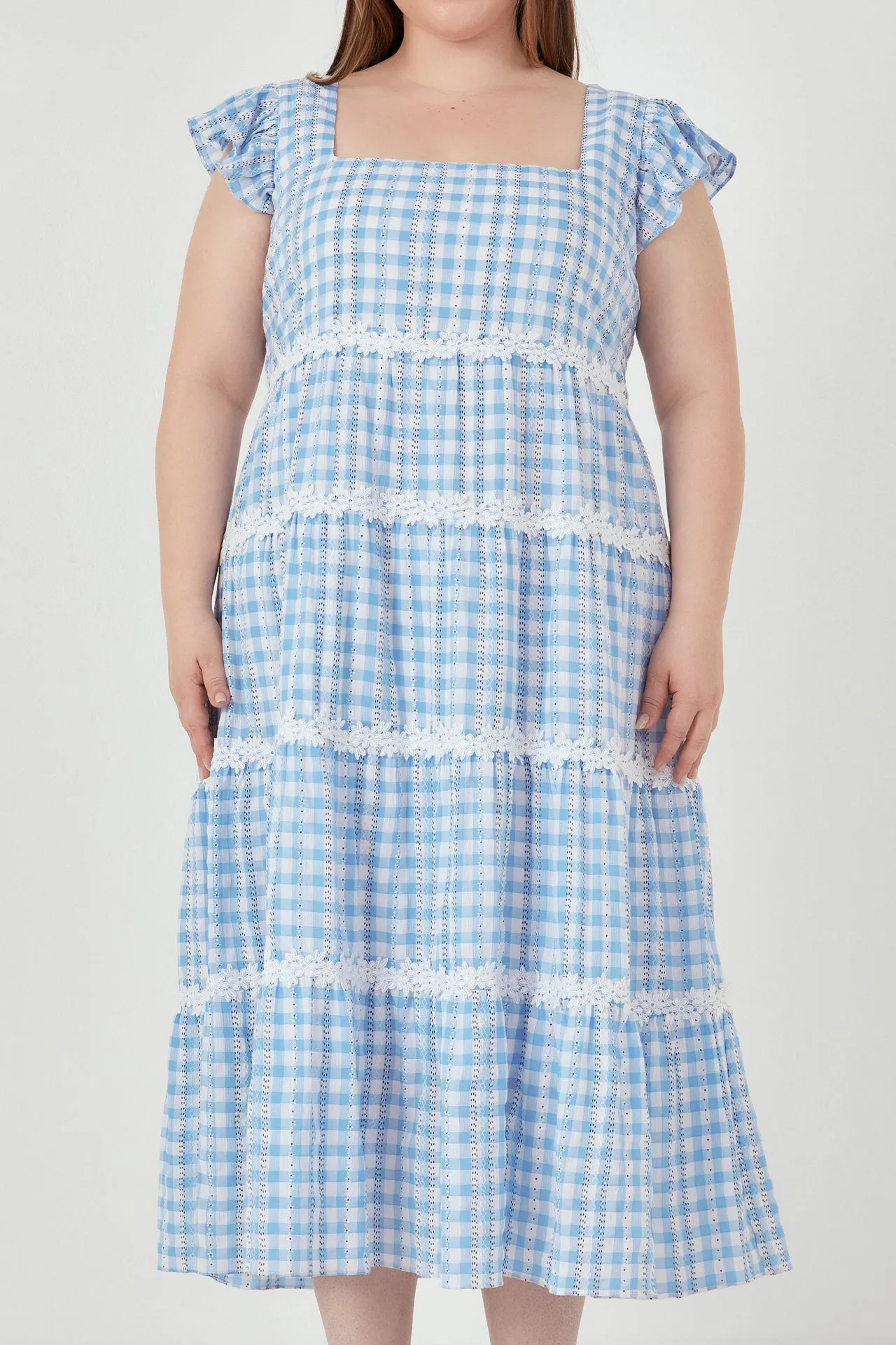 Plus Size Floral Lace Gingham Printed Midi Dress