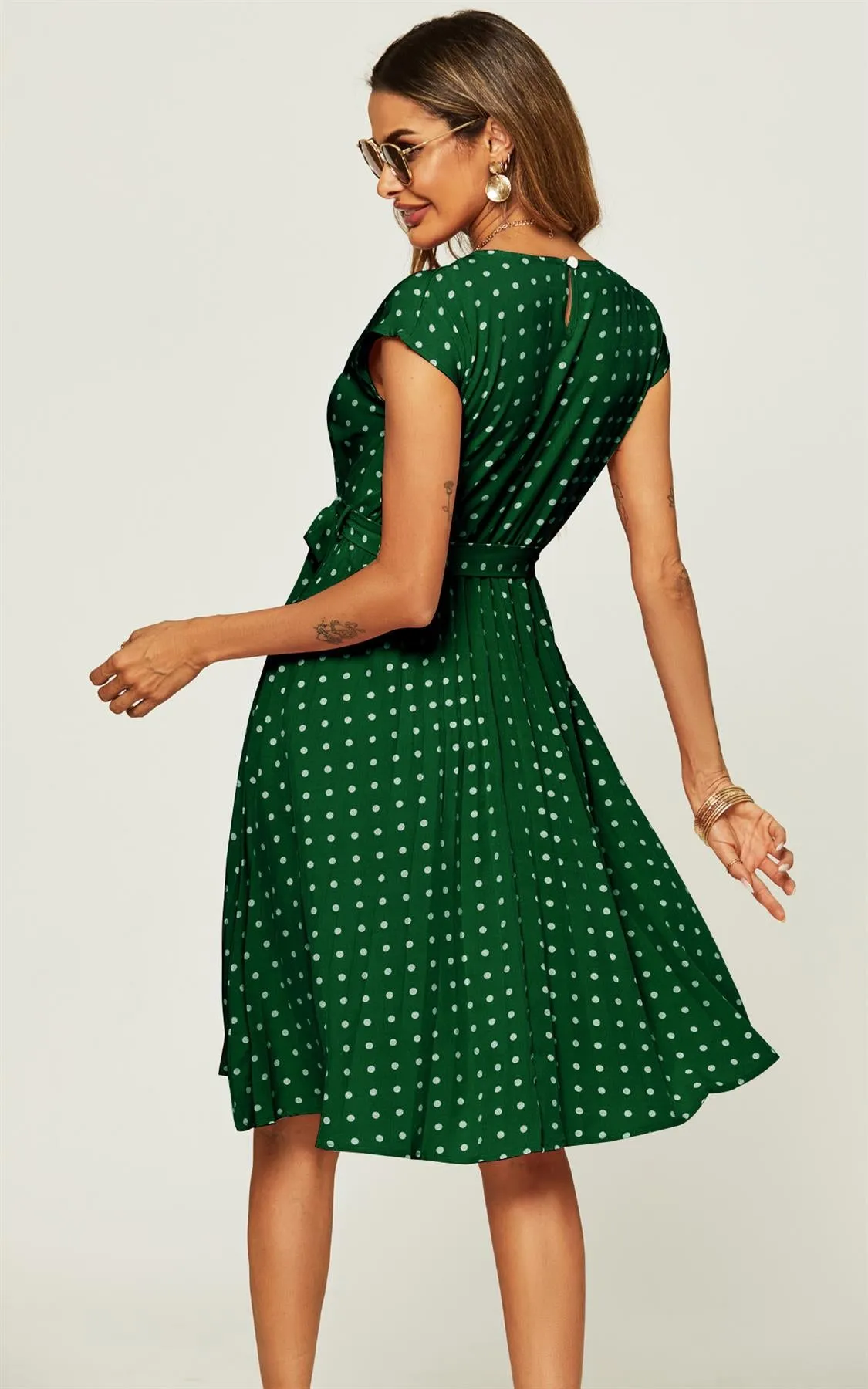Polka Dot Sleeveless Pleated Midi Dress In Green