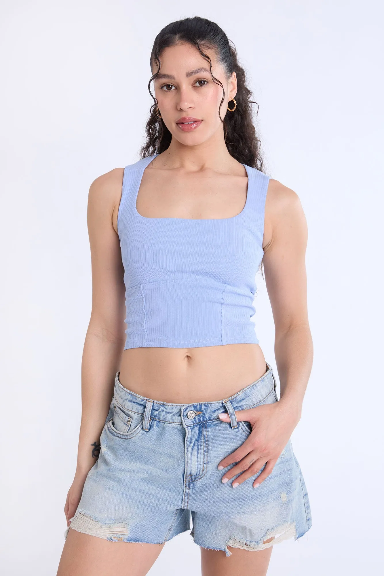 Ribbed Square Neck Tank Top