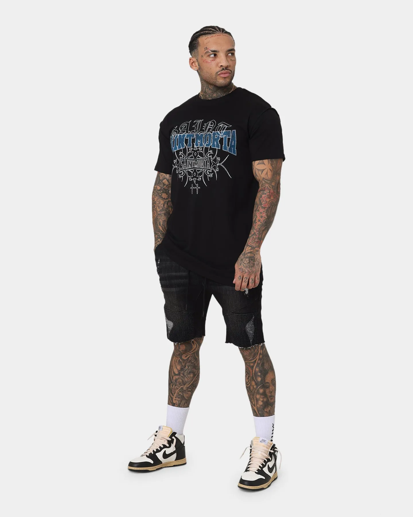 Saint Morta United Distressed Biker Shorts Black Stonewash