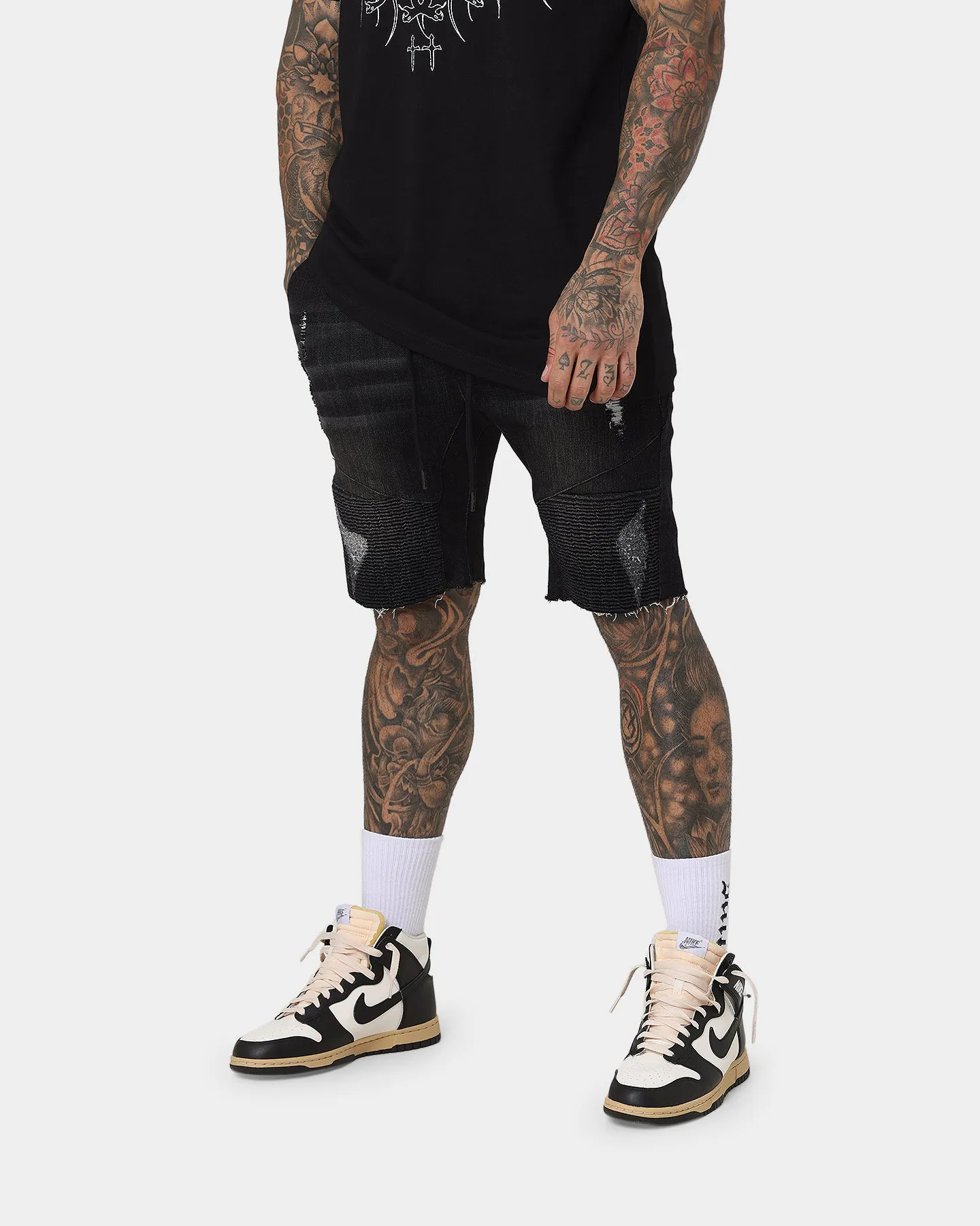 Saint Morta United Distressed Biker Shorts Black Stonewash