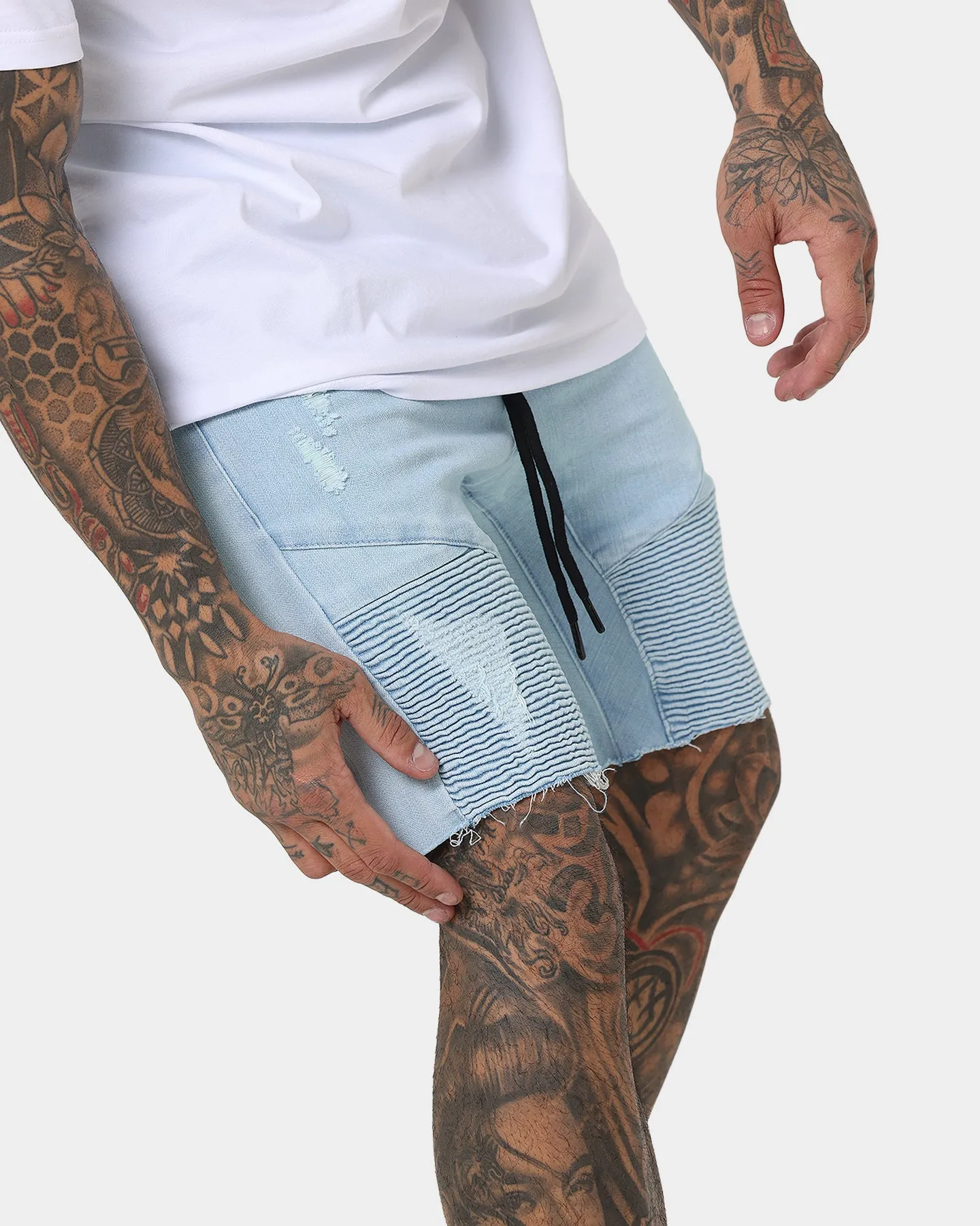 Saint Morta United Distressed Biker Shorts Light Blue