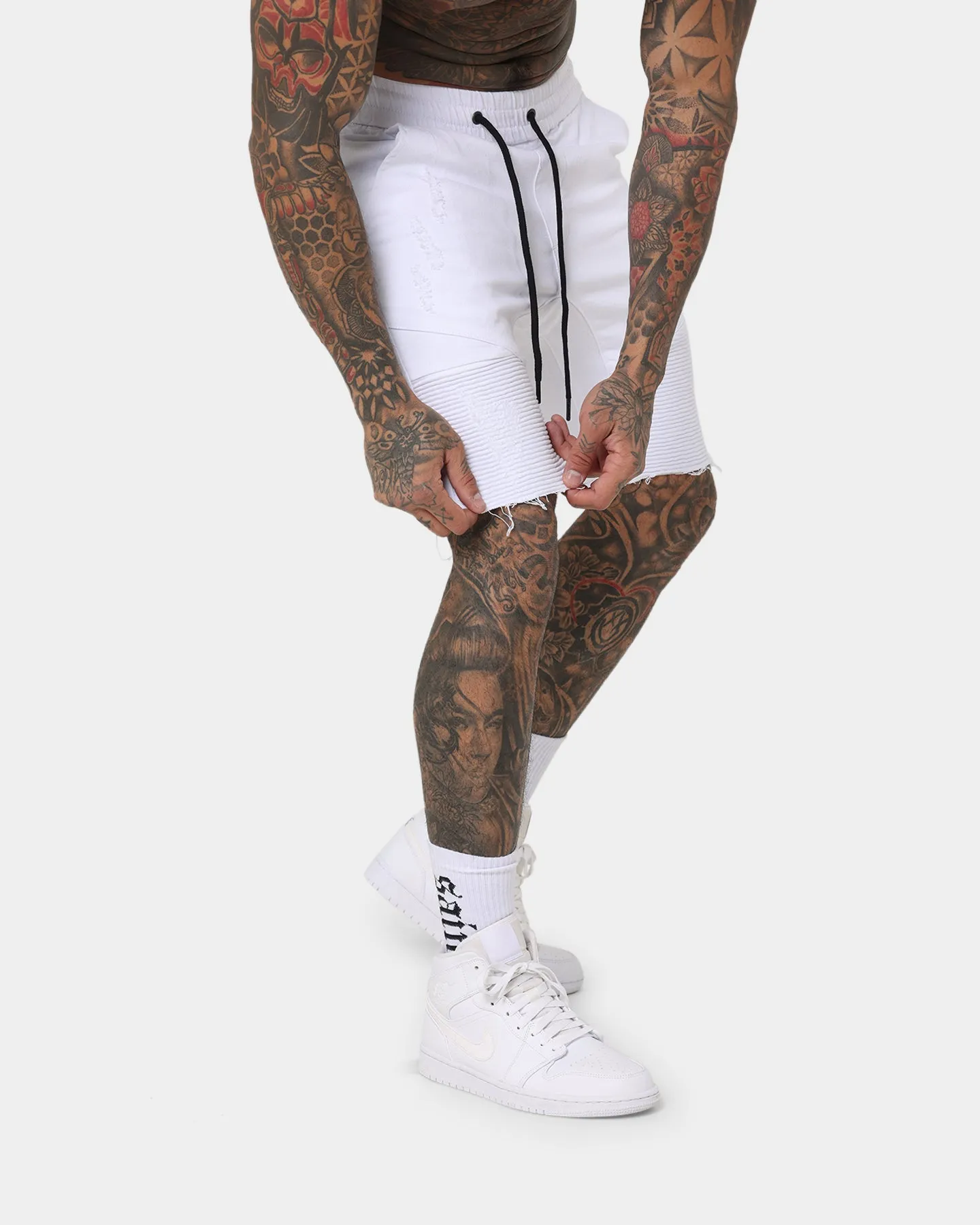 Saint Morta United Distressed Biker Shorts White