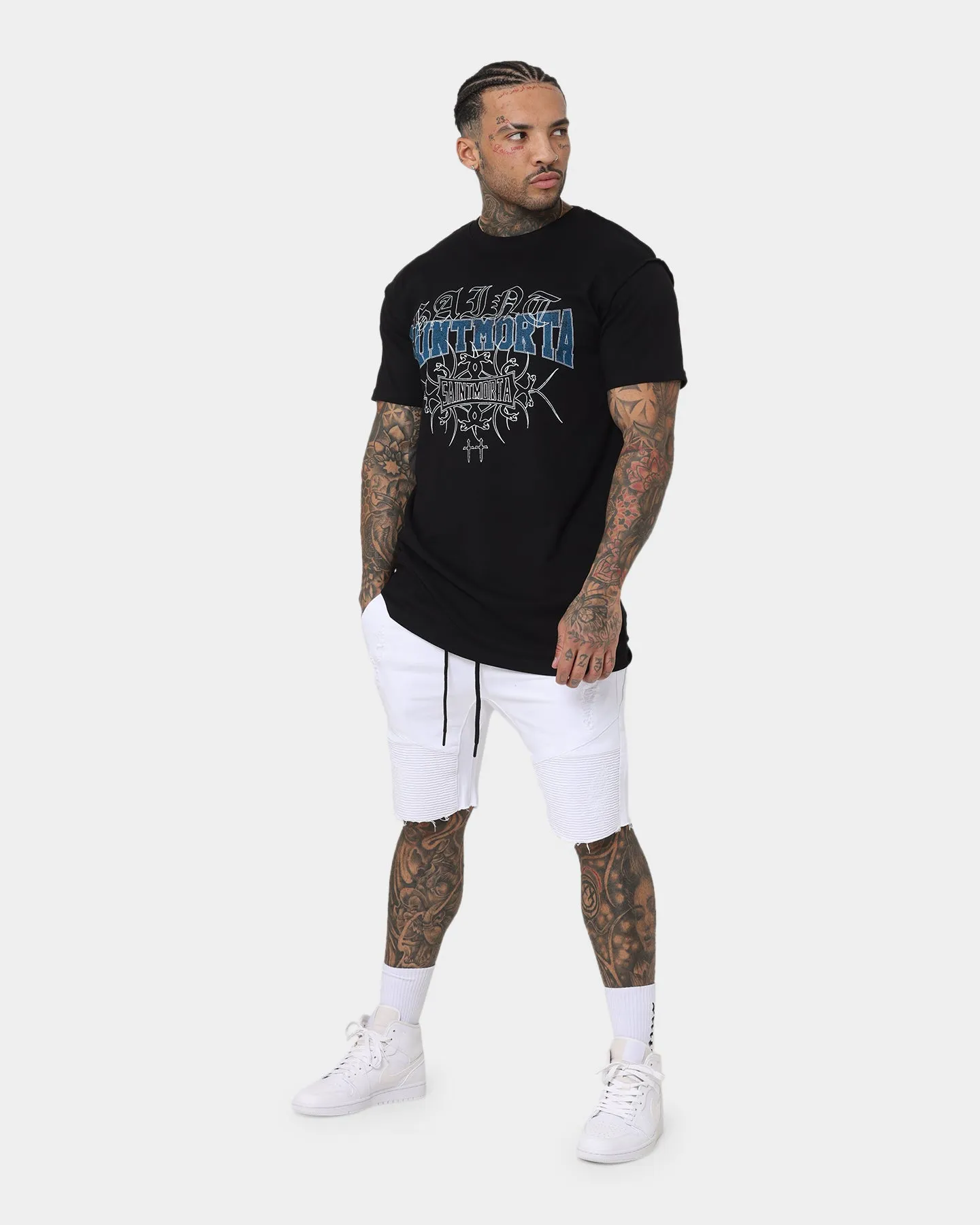 Saint Morta United Distressed Biker Shorts White